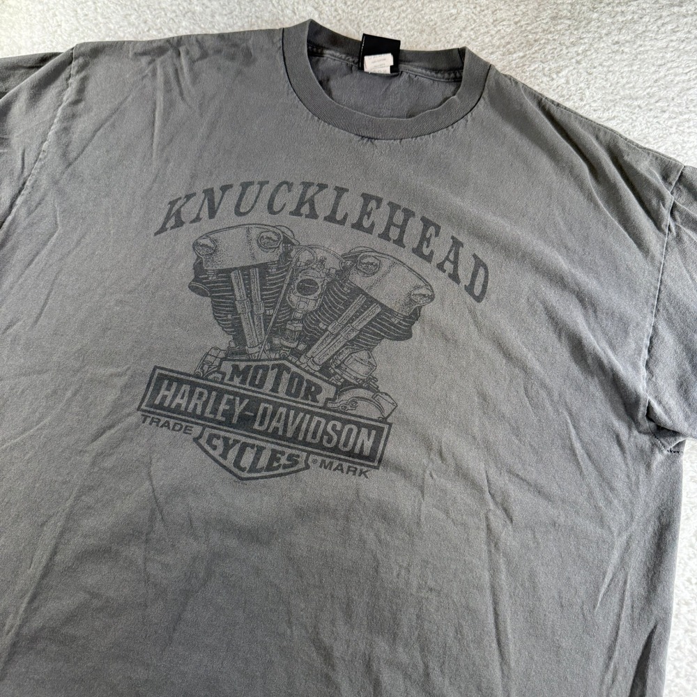 Y2K Harley Davidson Double Sided Graphic Tee Shirt Gray Men XXL 2XL Knucklehead